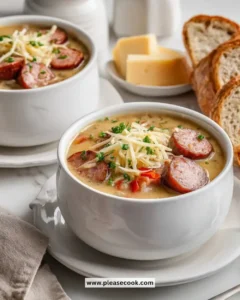Bowl of cozy crockpot potato soup with sausage ready to serve.