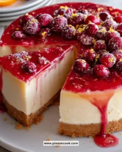 Delicious Cranberry Orange Cheesecake topped with fresh cranberries and orange zest
