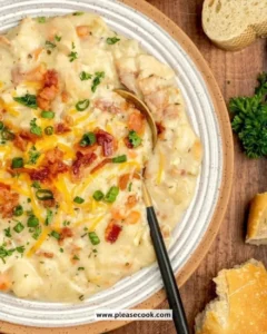 Bowl of creamy chicken and potato soup garnished with herbs