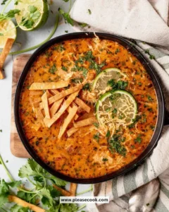 Creamy chicken tortilla soup in a bowl topped with tortilla strips and cilantro