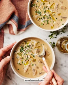 Bowl of creamy mushroom soup garnished with herbs and served with crusty bread