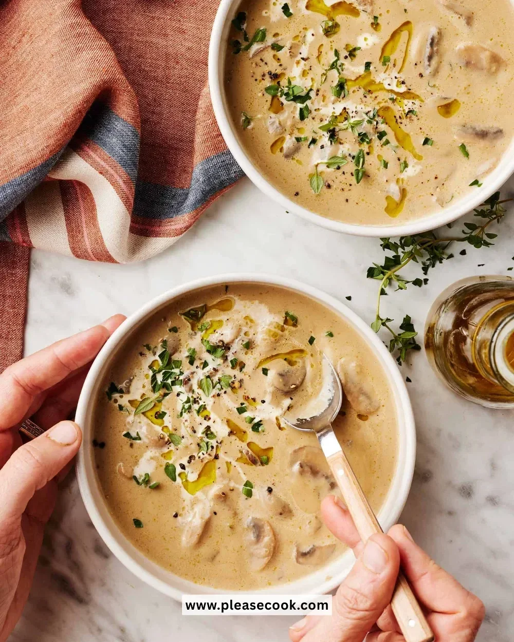 Bowl of creamy mushroom soup garnished with herbs and served with crusty bread