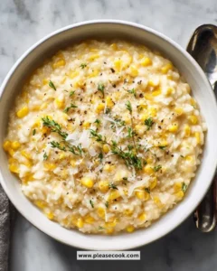 Creamy sweet corn risotto served in a bowl with fresh herbs on top