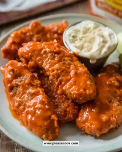 Crispy baked buffalo chicken fingers served on a plate with dipping sauce