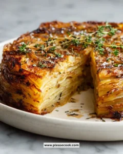 Crispy Balsamic Thyme Potato Torte garnished with fresh thyme and balsamic glaze.