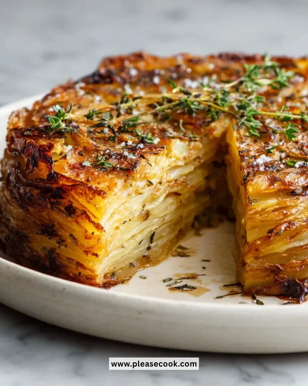 Crispy Balsamic Thyme Potato Torte garnished with fresh thyme and balsamic glaze.