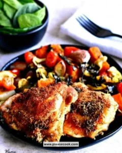 Crispy chicken thighs served as a one pot meal