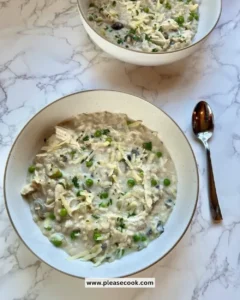 Bowl of Crockpot Creamy Chicken and Rice Soup with herbs and vegetables