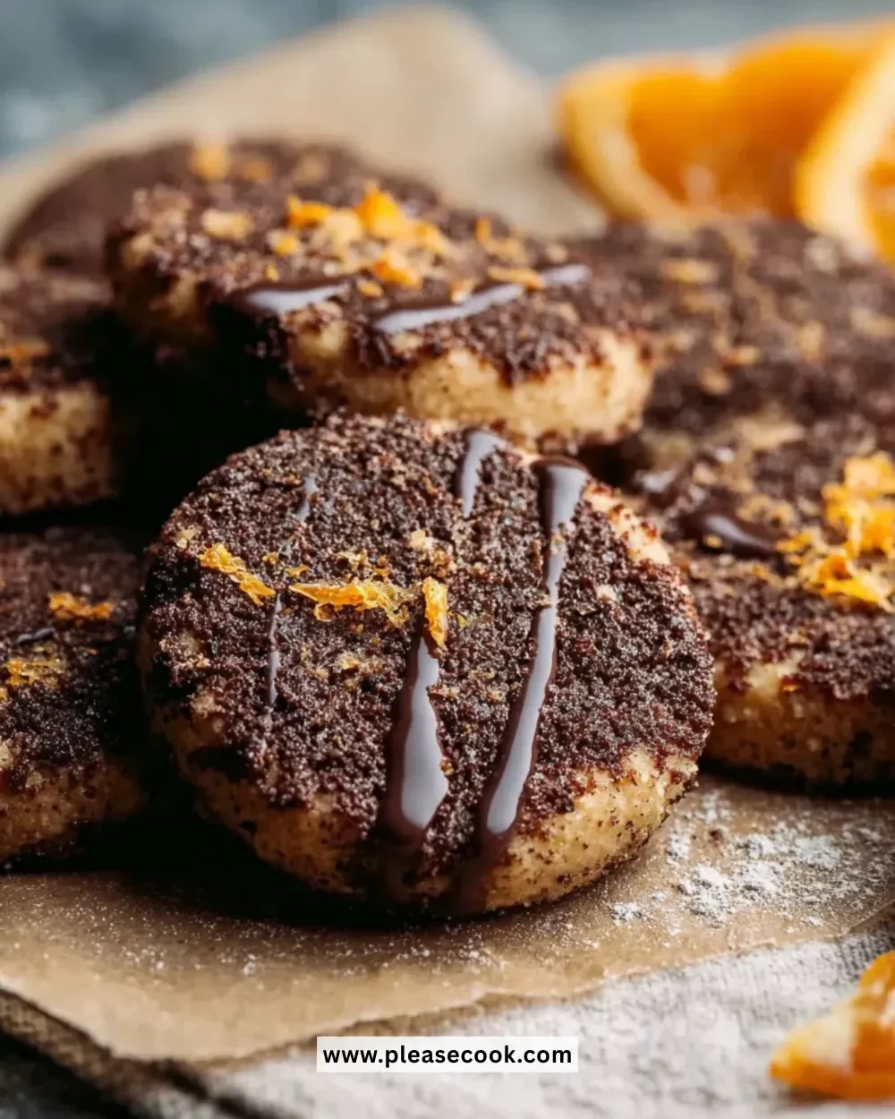 Delicious dark chocolate orange shortbread cookies on a plate.