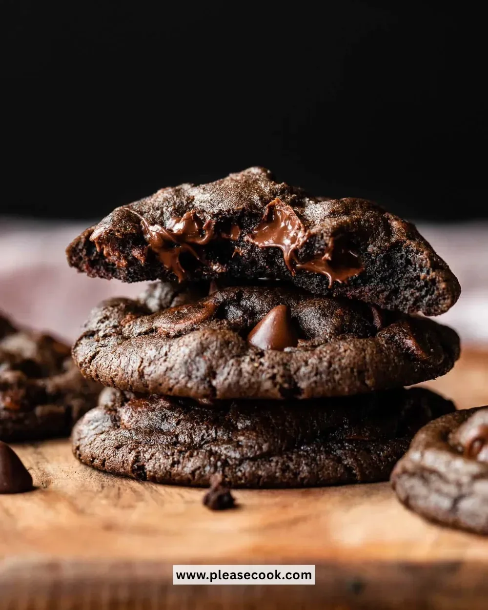 Batch of double chocolate chip cookies with gooey chocolate chunks