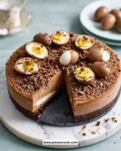 Delicious Double Chocolate Easter Egg Cheesecake topped with chocolate eggs