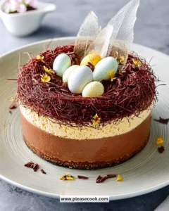 Easter Chocolate Mousse Cake with decorative chocolate shavings and berries