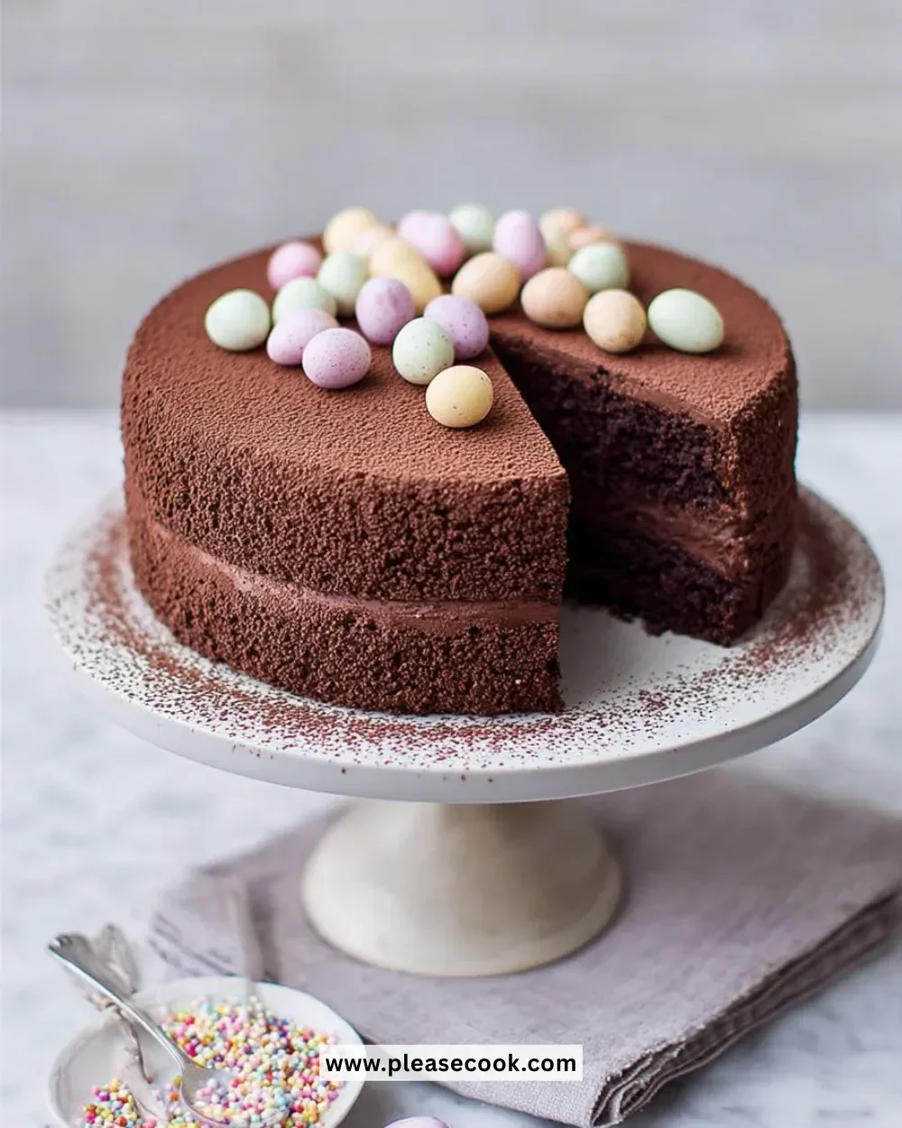 Easter Chocolate Truffle Cake with rich chocolate frosting and decorative eggs