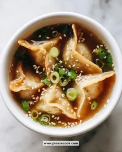 Bowl of easy potsticker soup with dumplings and vegetables