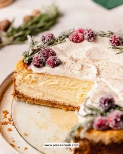 Delicious slice of Eggnog Cheesecake topped with whipped cream and nutmeg.