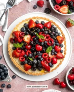 A delicious fresh fruit tart topped with an assortment of colorful fruits.