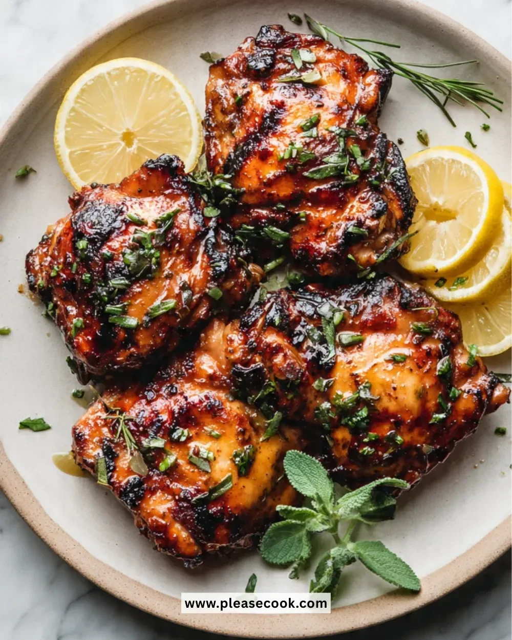 Juicy grilled chicken thighs served with fresh herbs on a plate