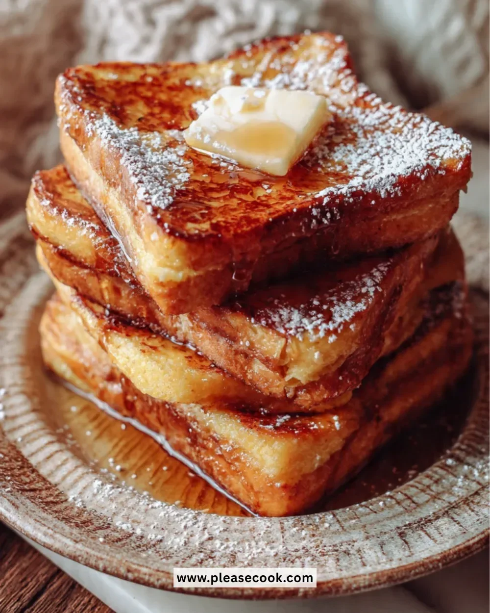 Delicious Hawaiian Roll French Toast topped with syrup and powdered sugar