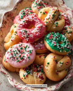 An assortment of festive Italian Christmas cookies on a decorative plate.