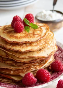 Delicious keto cream cheese pancakes stacked with berries and syrup