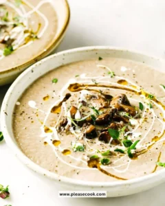 Delicious bowl of creamy Keto Mushroom Soup garnished with fresh herbs.