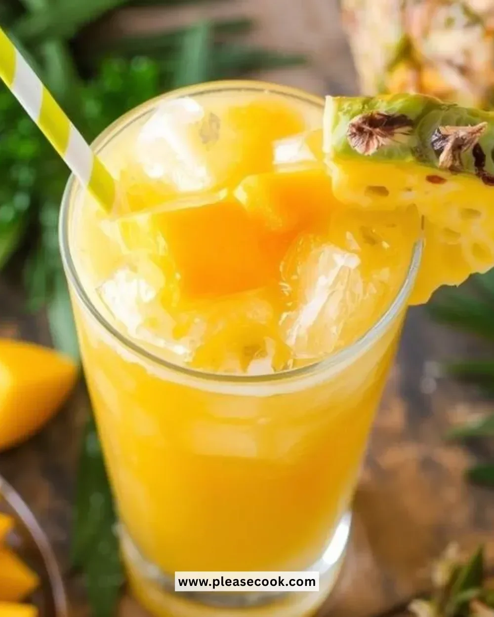 Refreshing mango-pineapple slushie in a chilled glass with a slice of pineapple