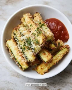 Baked Parmesan Zucchini Fries golden and crispy on a plate