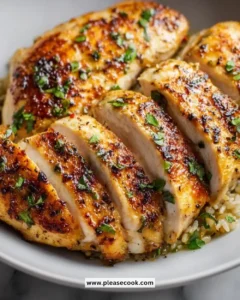 Perfectly juicy pan seared chicken breasts cooked to perfection on a skillet.
