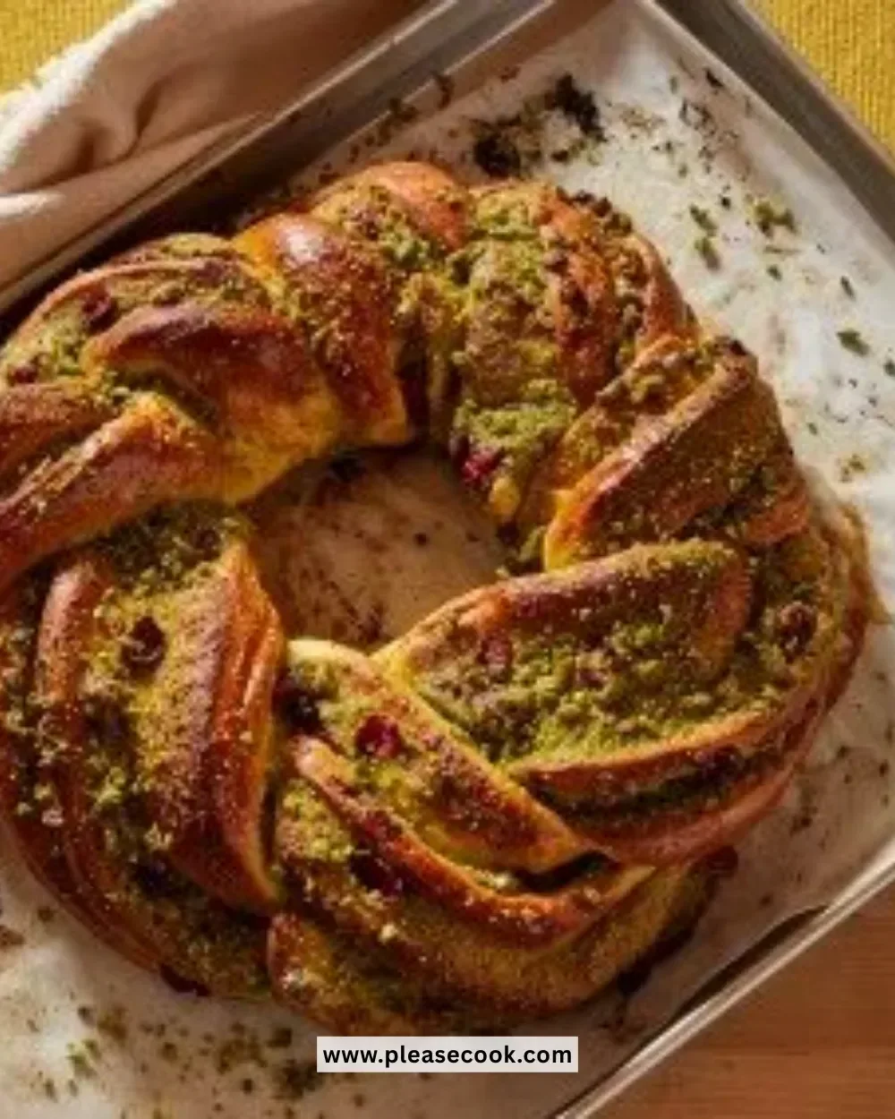 Delicious Pistachio Cranberry Wreath decorated for the holidays