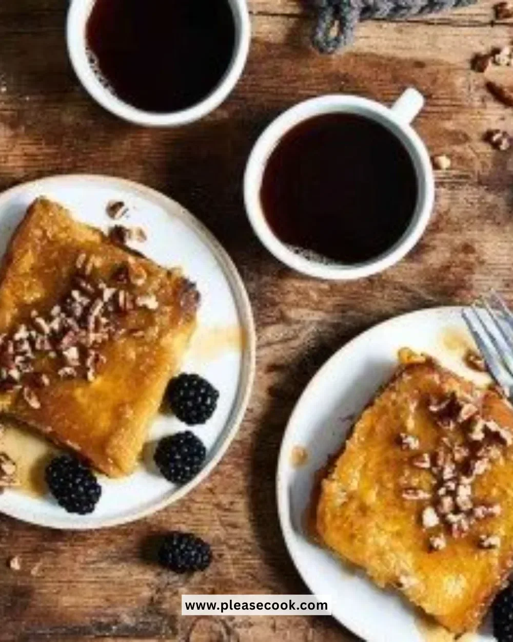 Delicious Praline French Toast topped with caramelized nuts and syrup