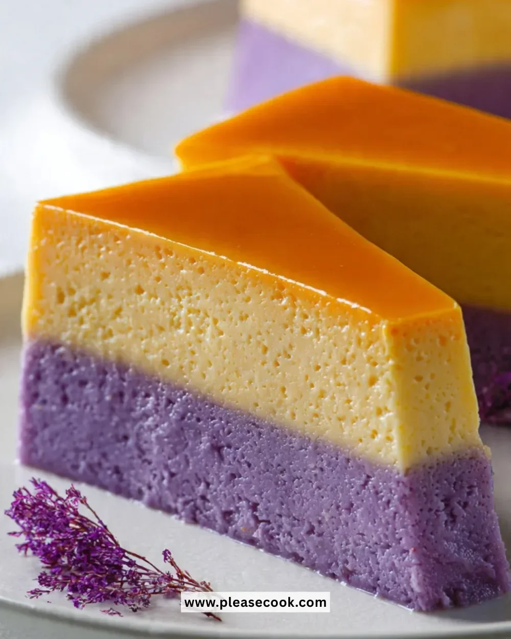 Delicious Purple Yam Flan Cake topped with creamy caramel sauce