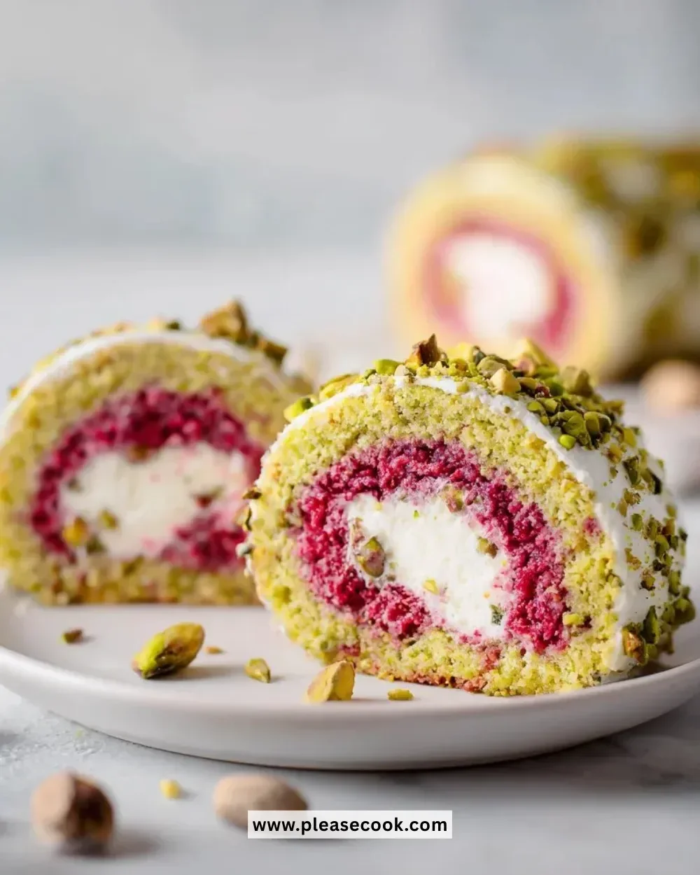 Raspberry Pistachio Swiss Roll with White Chocolate Cream dessert