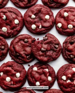 Delicious Red Velvet Chocolate Chip Cookies on a baked sheet