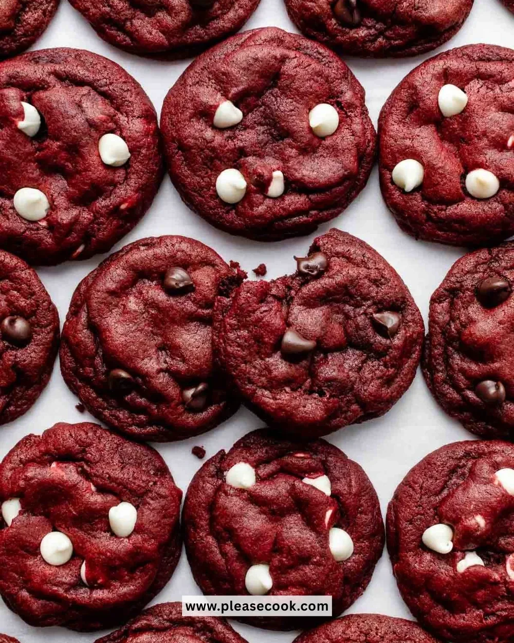 Delicious Red Velvet Chocolate Chip Cookies on a baked sheet
