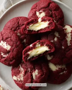 Red velvet cookies with a creamy cheese filling, fresh from the oven.