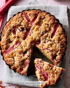 Delicious homemade rhubarb buckle dessert fresh from the oven