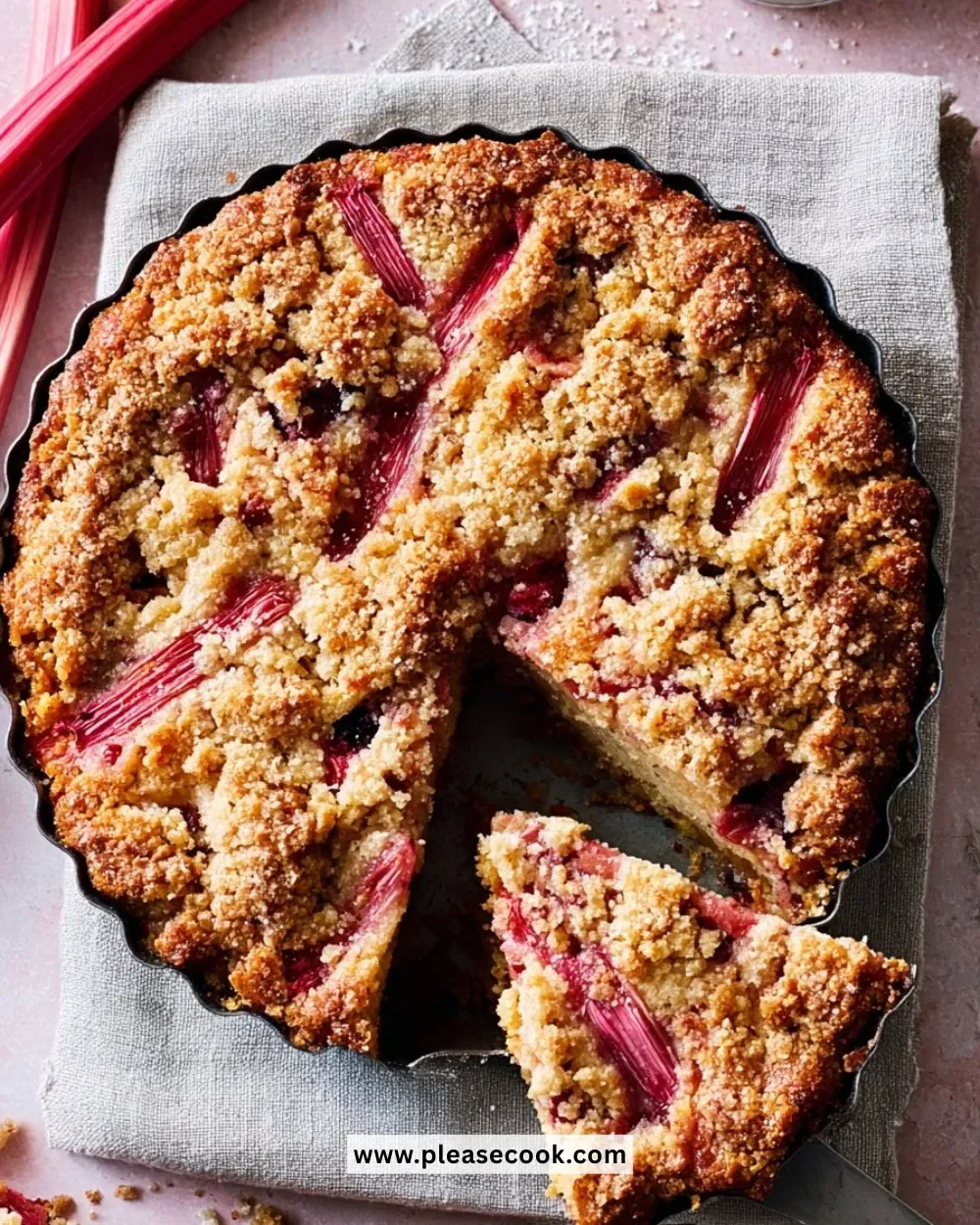 Delicious homemade rhubarb buckle dessert fresh from the oven