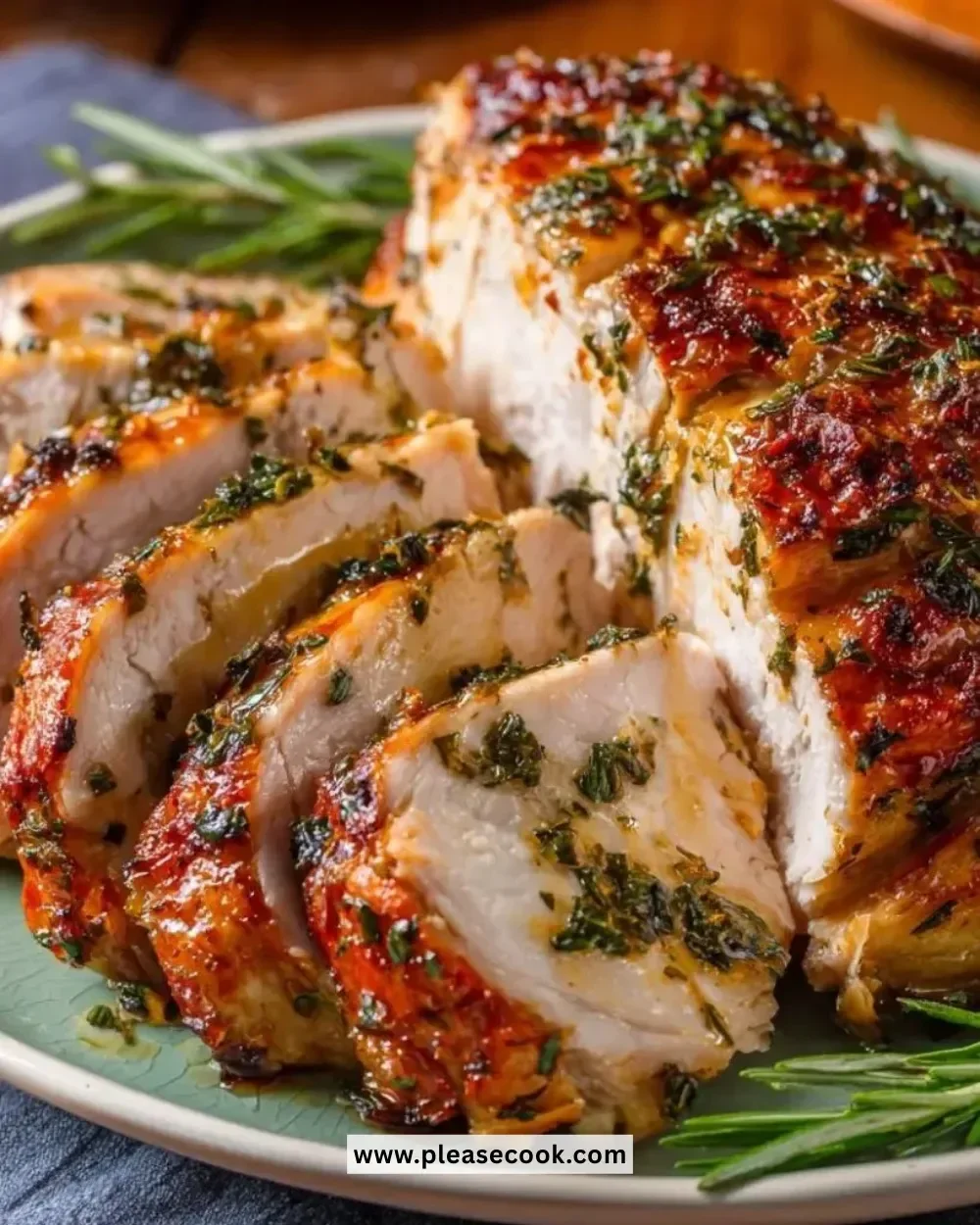 Juicy roasted turkey breast served with herbs and spices