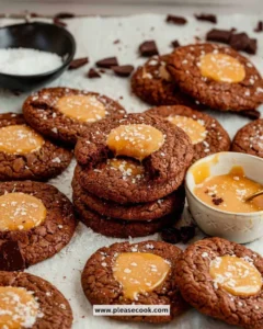 Delicious salted caramel brownie cookies stacked on a plate