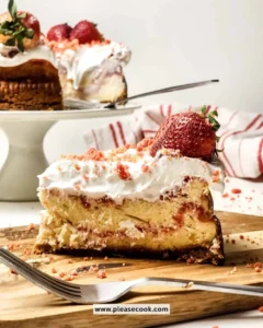 Delicious Strawberry Crunch Cheesecake topped with strawberry bits and crunchy layers