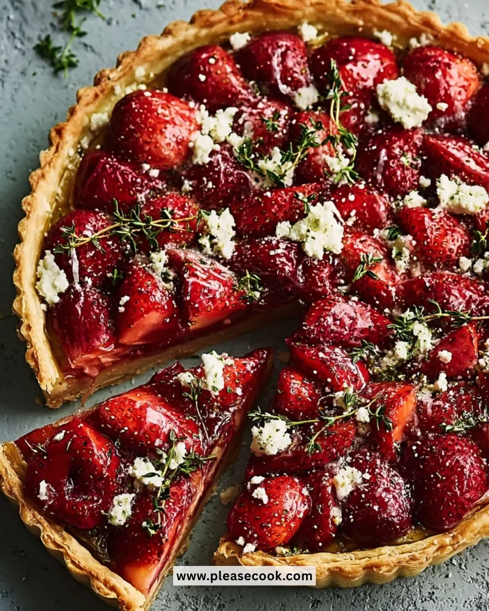 Strawberry Tart with Feta and Thyme on a white plate