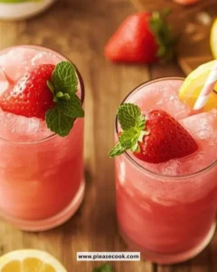 Delicious Strawberry Lemonade Slushies in a glass with fresh strawberries and lemons