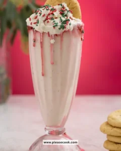 Delicious sugar cookie milkshake topped with whipped cream and sprinkles.