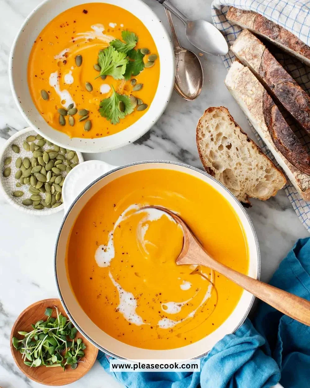 Delicious bowl of sweet potato soup garnished with herbs