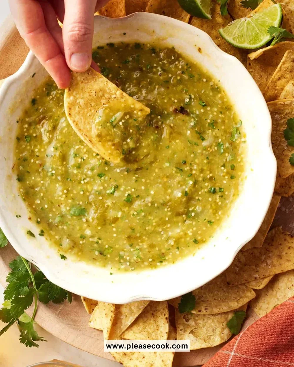 Fresh tomatillo green sauce in a bowl with herbs and ingredients