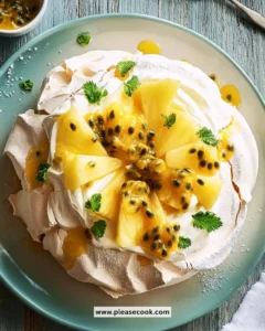 Vanilla Pavlova topped with pineapple and passion fruit, a delicious dessert