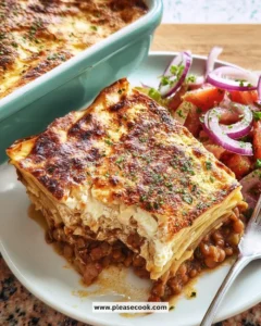 A serving of Vegetarian Pastitsio topped with creamy béchamel and herbs.