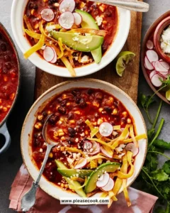 Bowl of Vegetarian Tortilla Soup topped with crispy tortilla strips and fresh cilantro