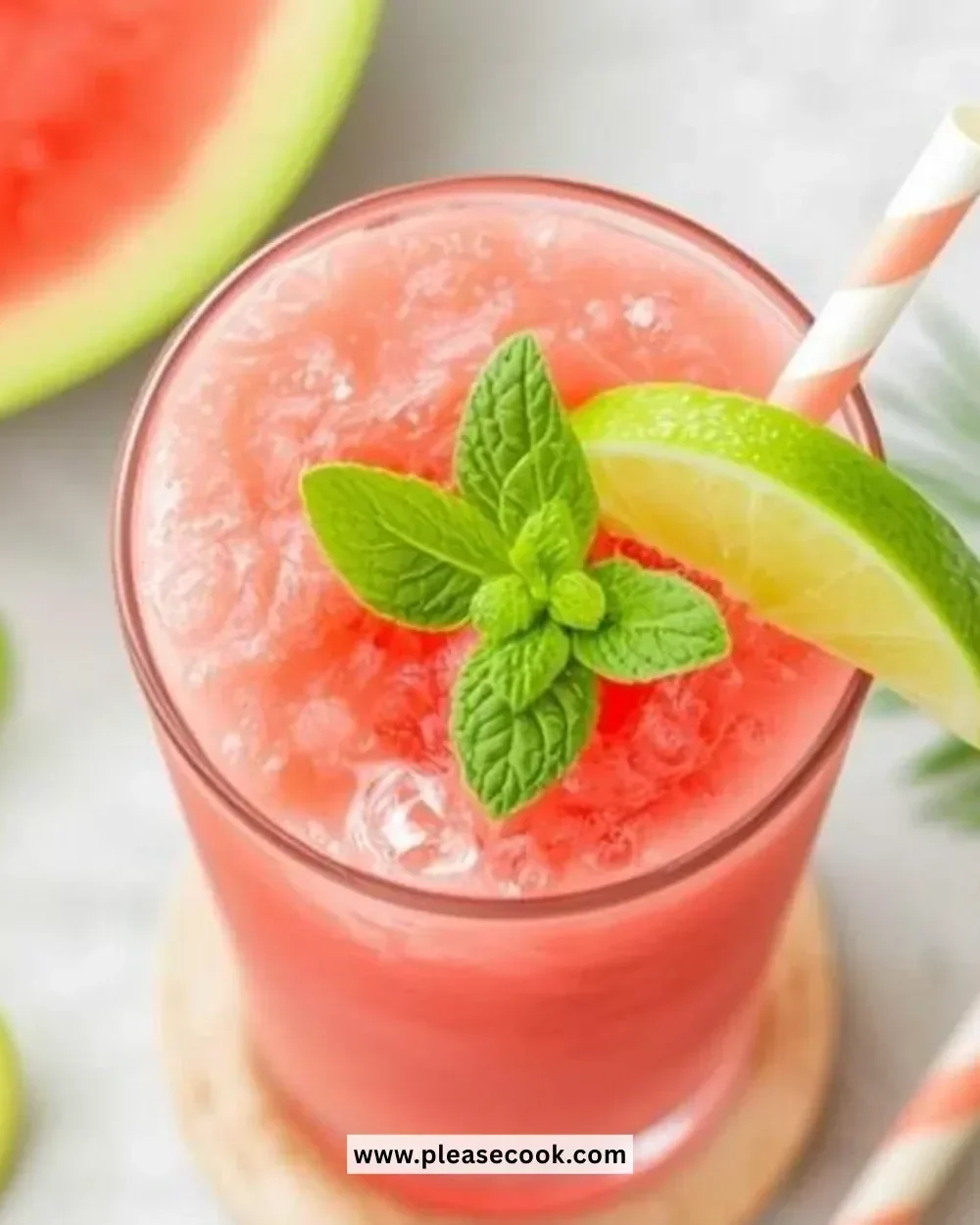 Delicious watermelon mint lime slushies served in a glass with mint leaves.