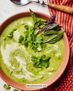Bowl of delicious creamy zucchini soup garnished with herbs and croutons.